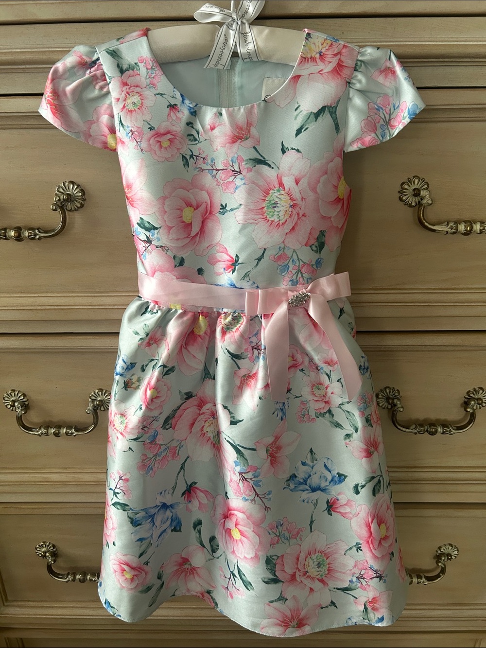 Rare Editions Girls Pink Floral Satin Dress with Ribbon Belt
